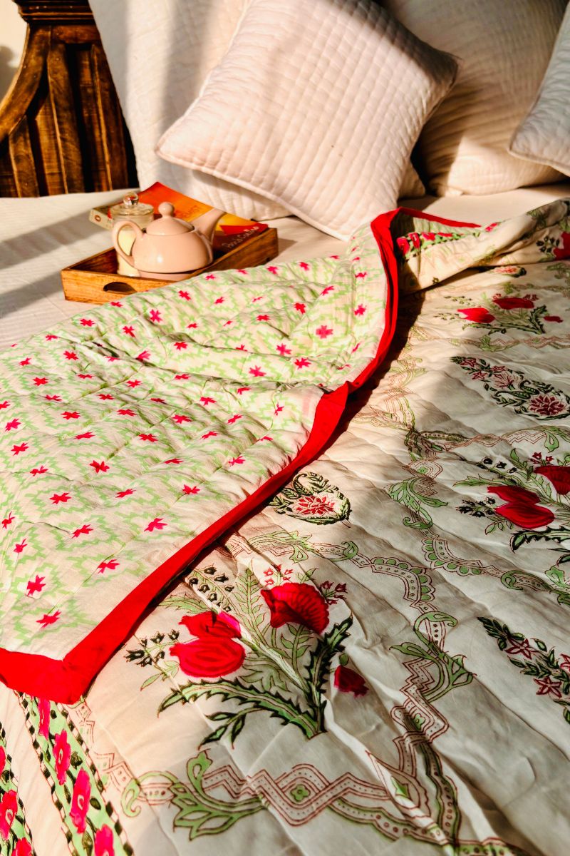 Pink Peony Hand Block Print Reversible Quilt
