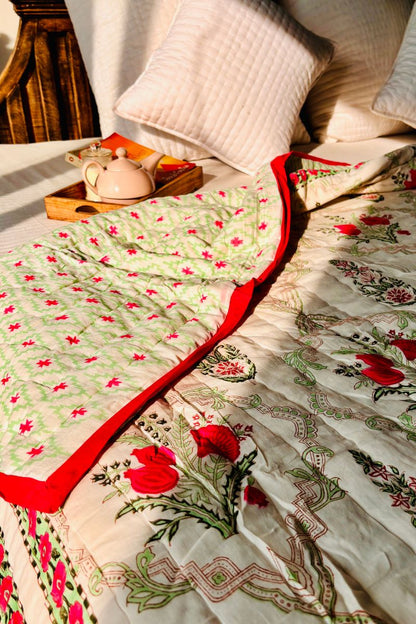 Pink Peony Hand Block Print Reversible Quilt