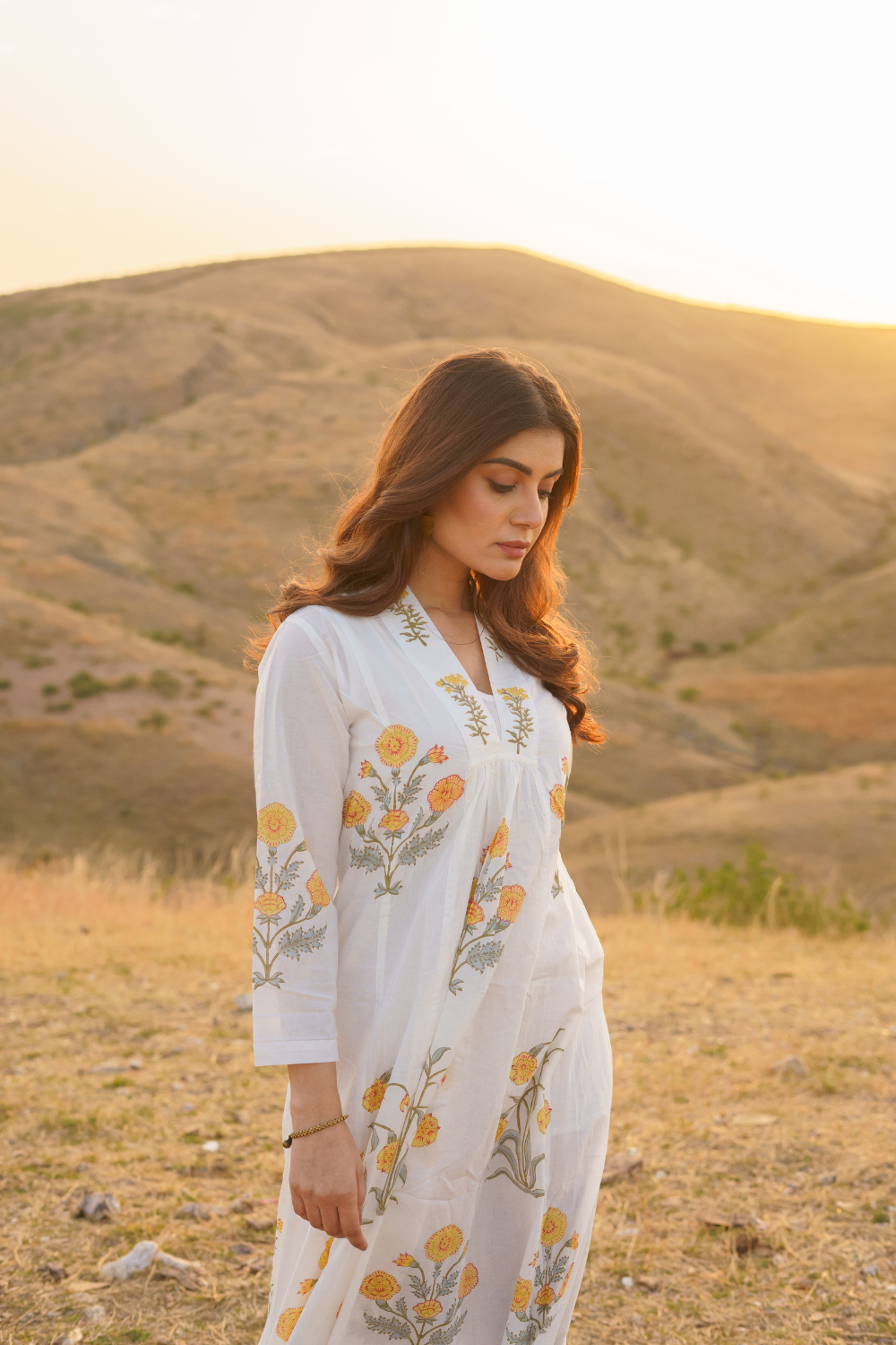 Firdous Marigold Cotton Block Print Long Dress