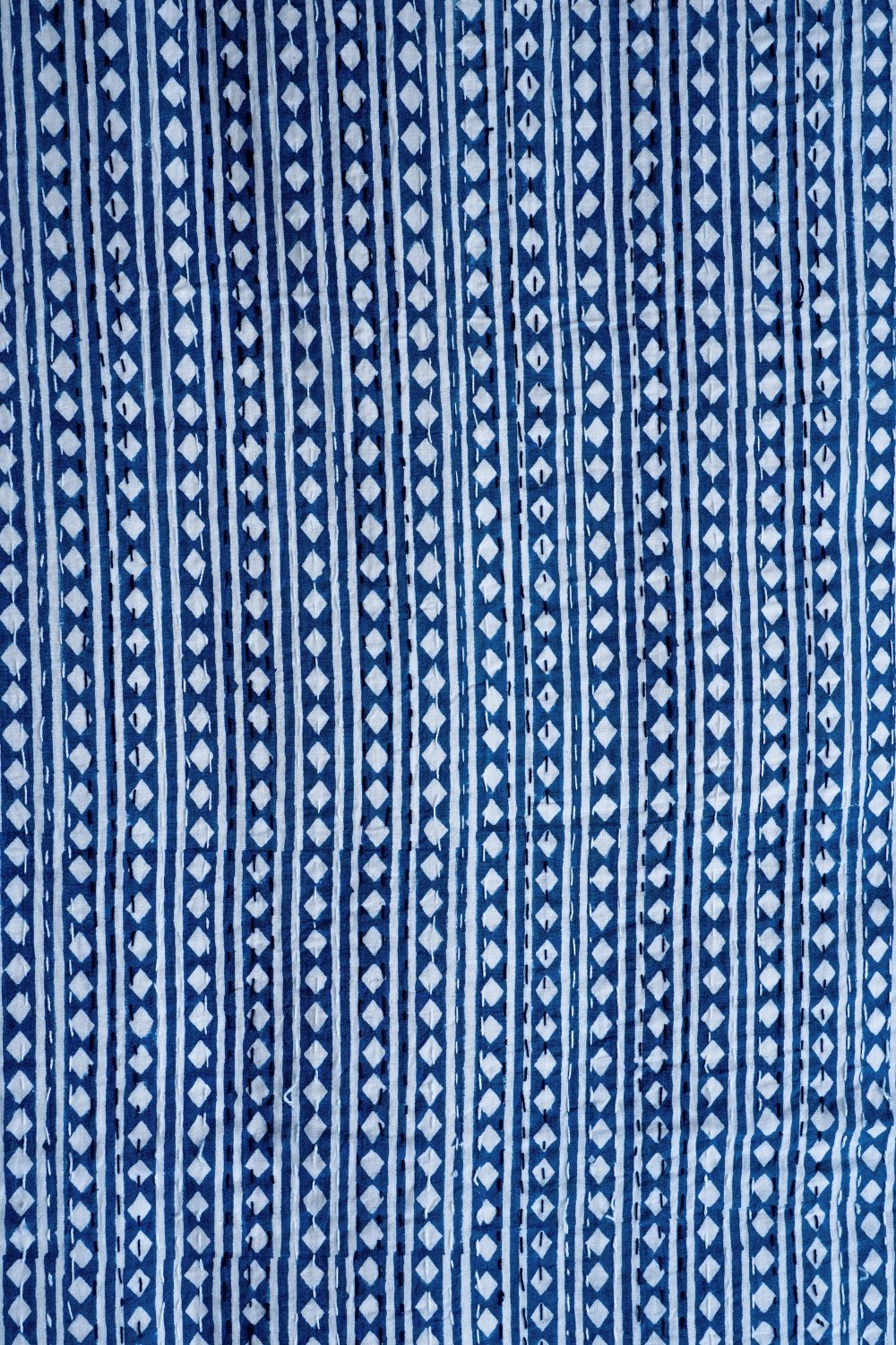 Diamond Stripe Indigo Block Printed Kantha Bedcover