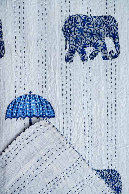 Blue Elephant Umbrella Block Printed Kantha Bedcover