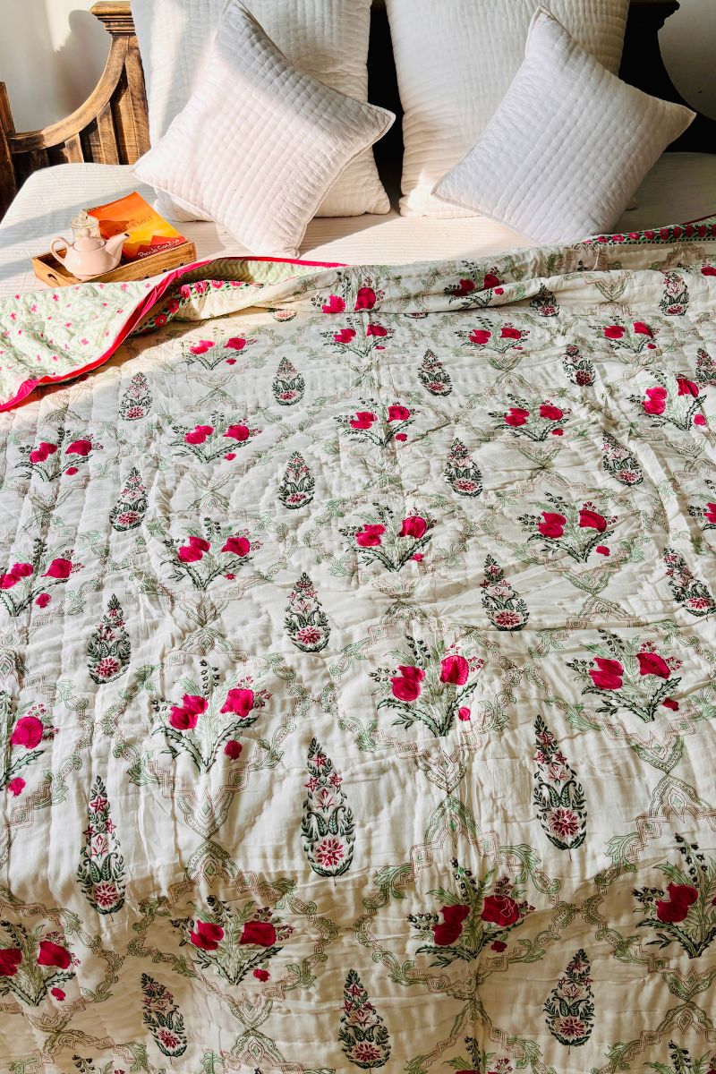 Pink Peony Hand Block Print Reversible Quilt