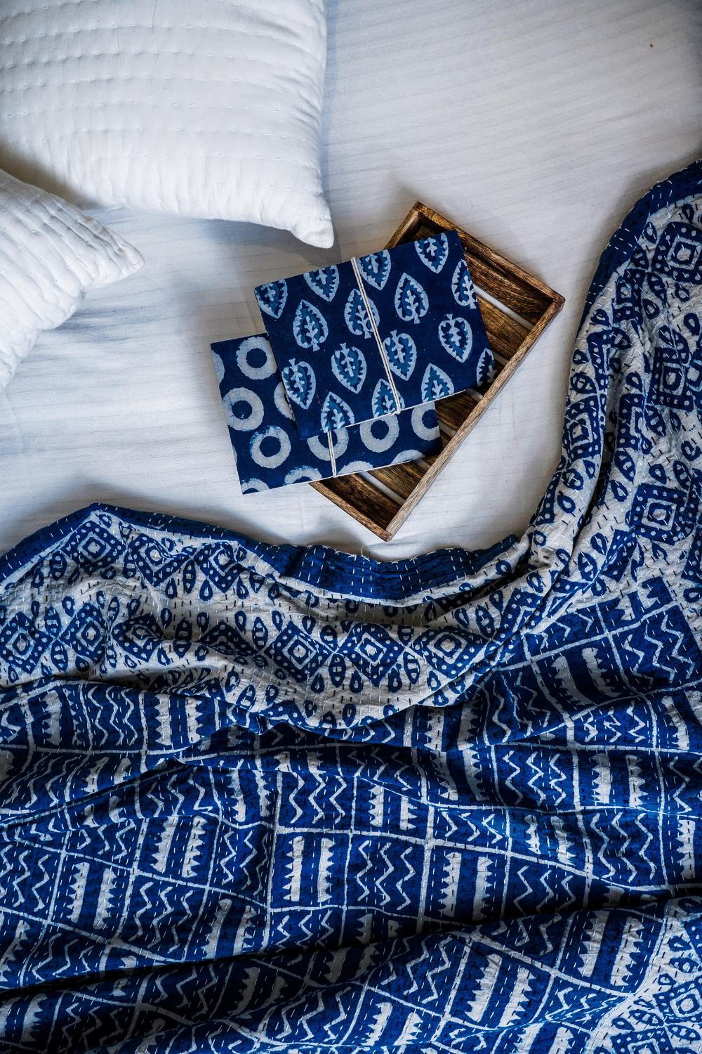 Tribal Indigo Block Printed Kantha Bedcover