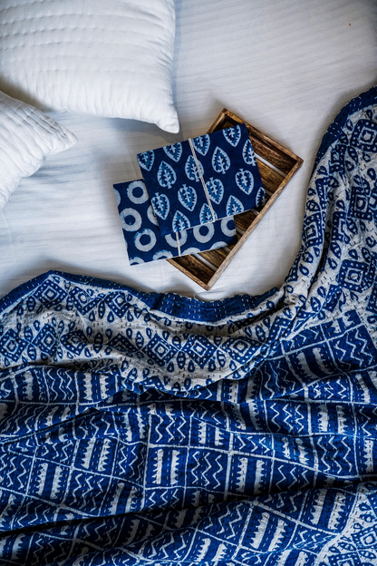 Tribal Indigo Block Printed Kantha Bedcover