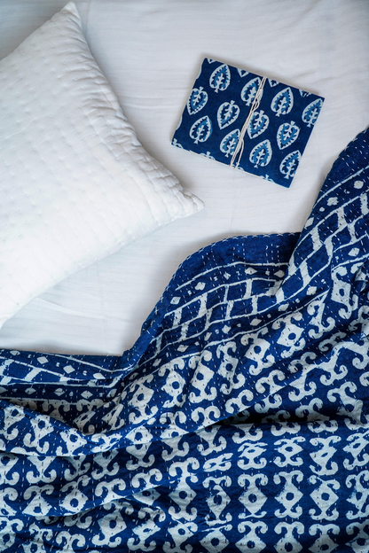 Anchor Indigo Block Printed Kantha Bedcover