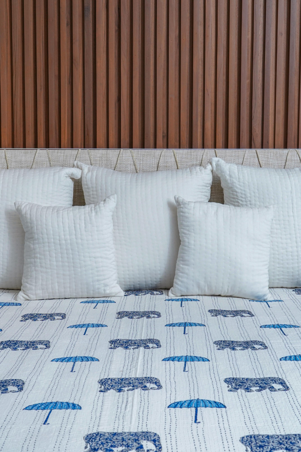Blue Elephant Umbrella Block Printed Kantha Bedcover