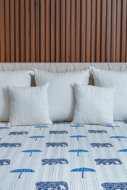 Blue Elephant Umbrella Block Printed Kantha Bedcover
