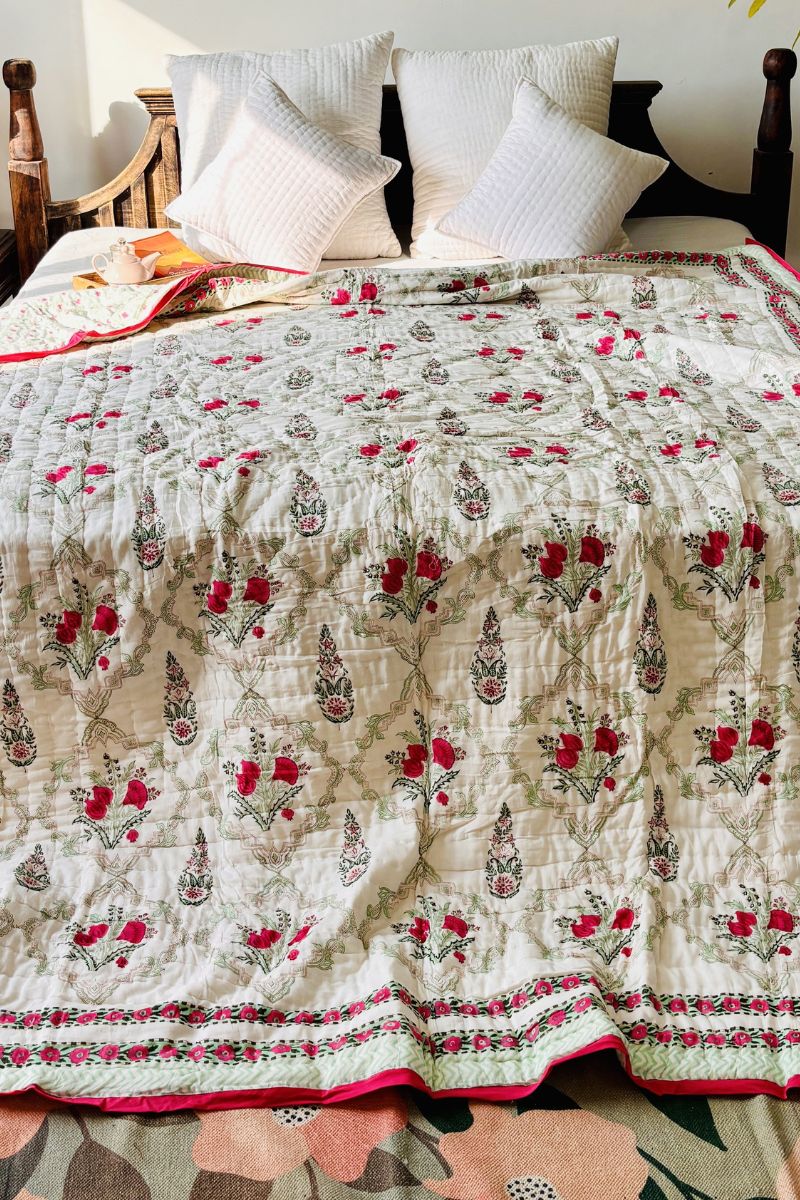 Pink Peony Hand Block Print Reversible Quilt