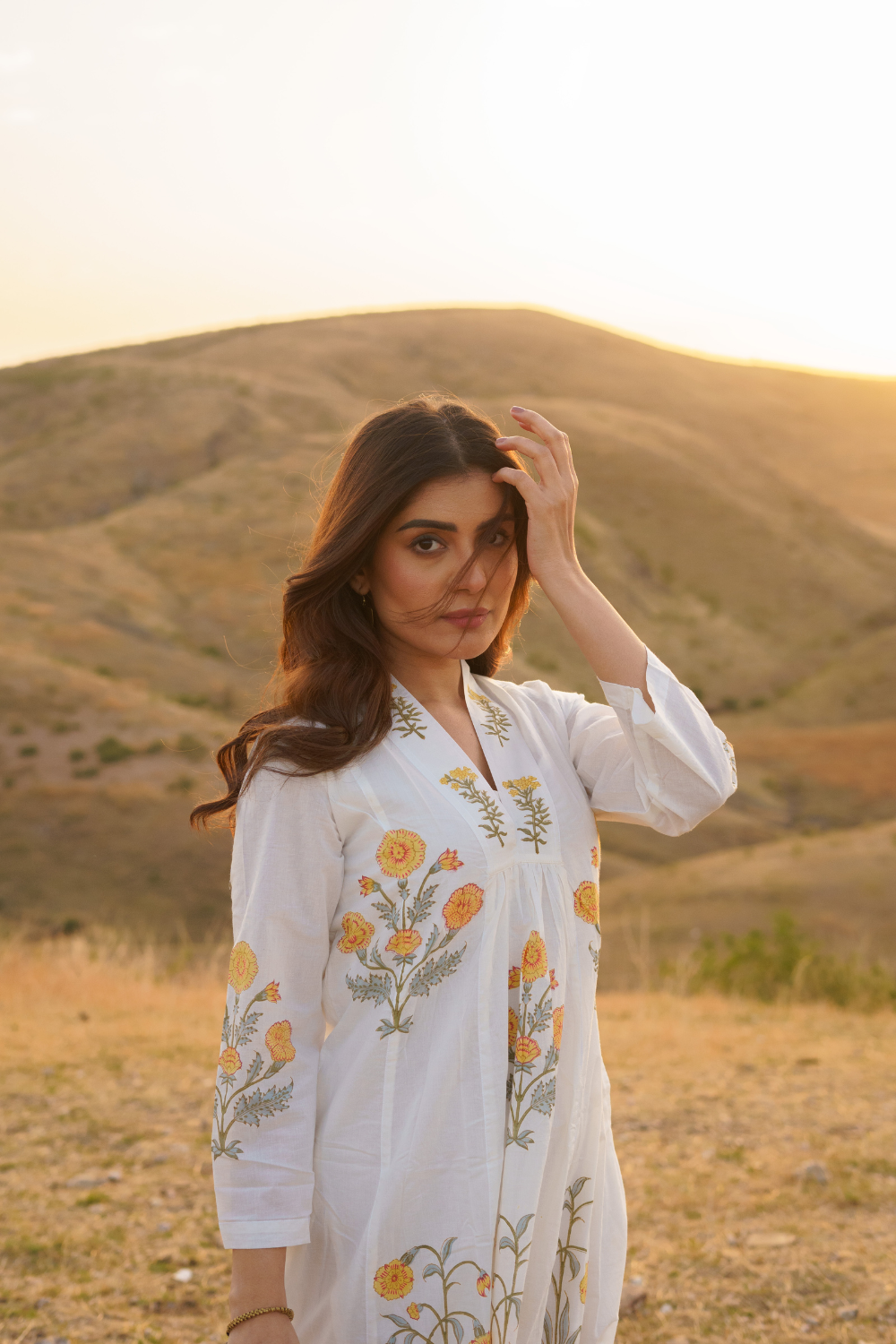 Firdous Marigold Cotton Block Print Long Dress