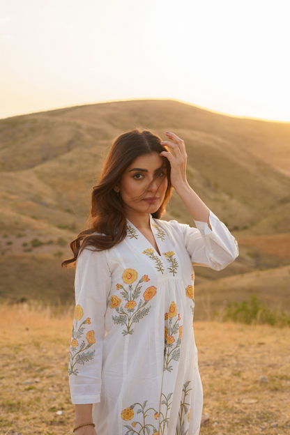 Firdous Marigold Cotton Block Print Long Dress
