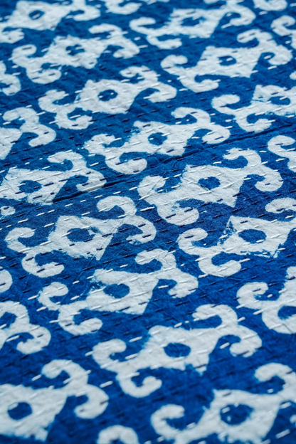 Anchor Indigo Block Printed Kantha Bedcover