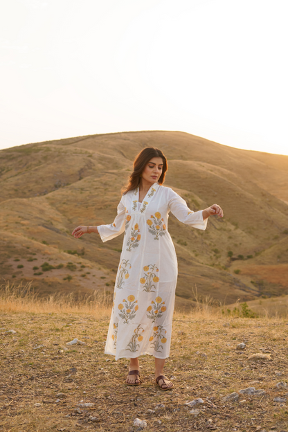 Firdous Marigold Cotton Block Print Long Dress