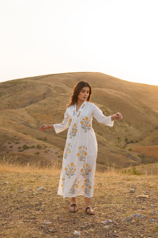 Firdous Marigold Cotton Block Print Long Dress