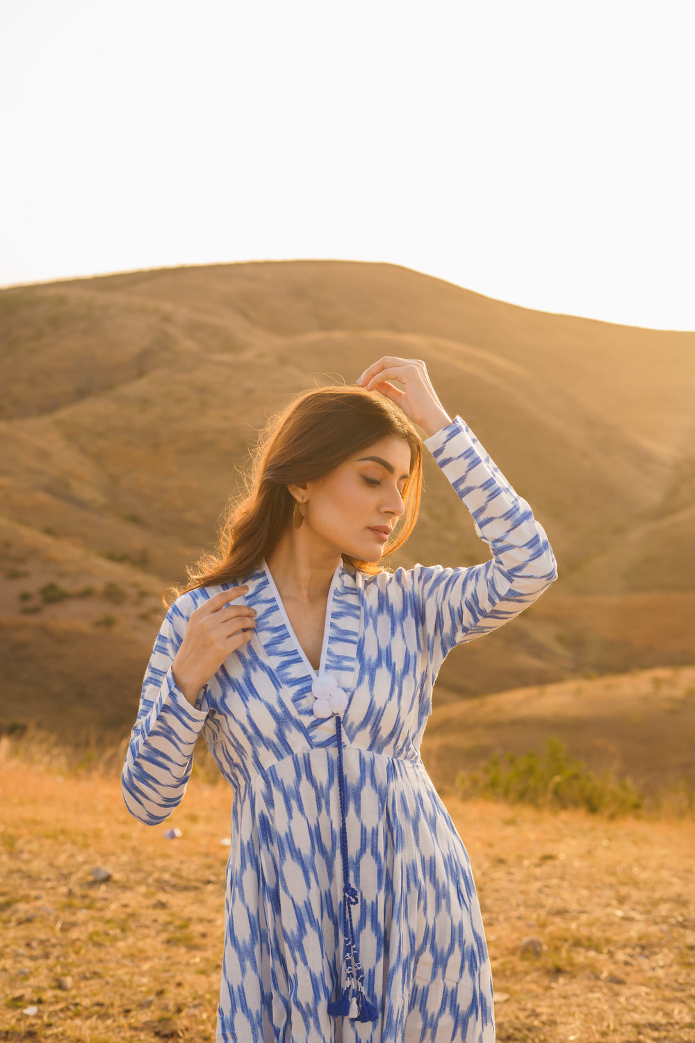 Afreen Blue Ikkat Cotton Maxi Dress
