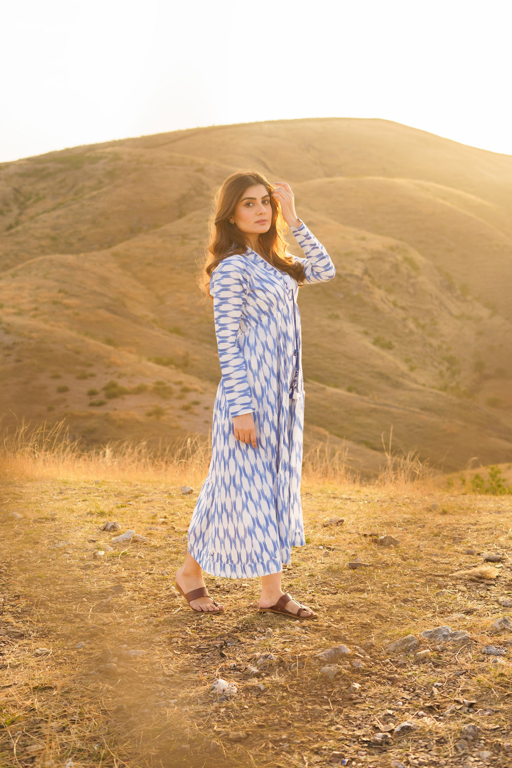Afreen Blue Ikkat Cotton Maxi Dress