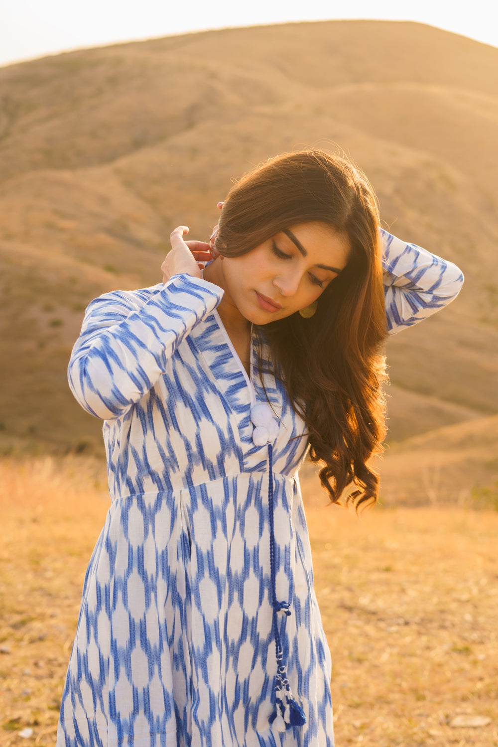 Afreen Blue Ikkat Cotton Maxi Dress