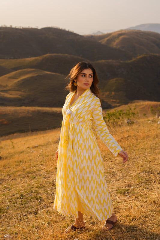 Afreen Yellow Ikkat Cotton Maxi Dress