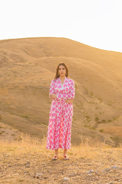 Afreen Pink Ikkat Print Cotton Maxi Dress