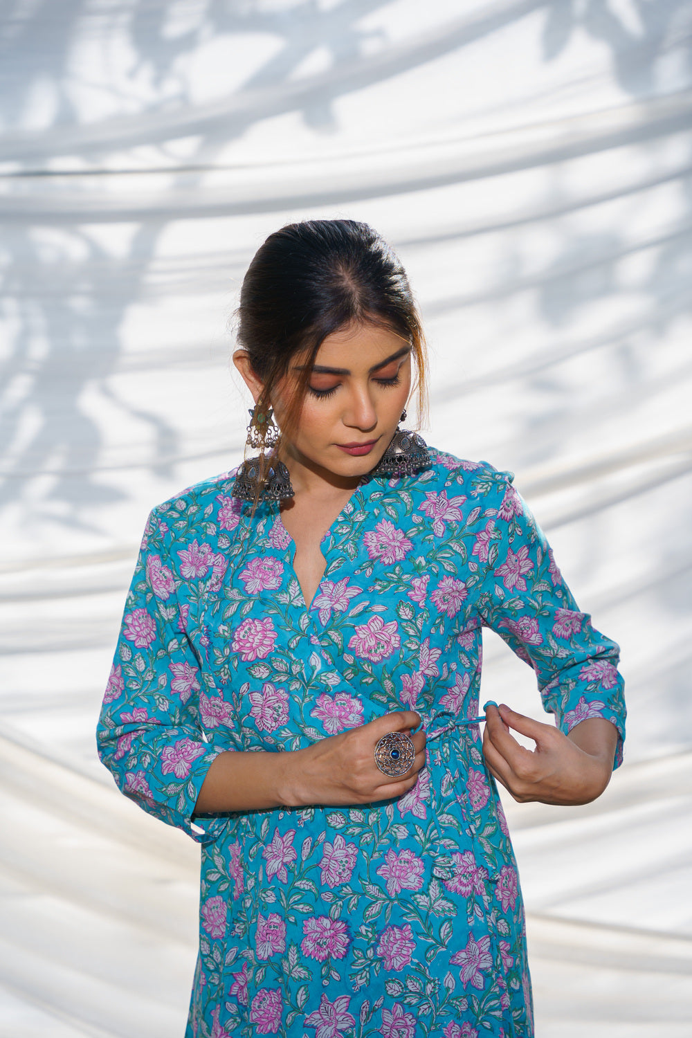 Cyan Anarkali Cotton Block Print Wrap Dress