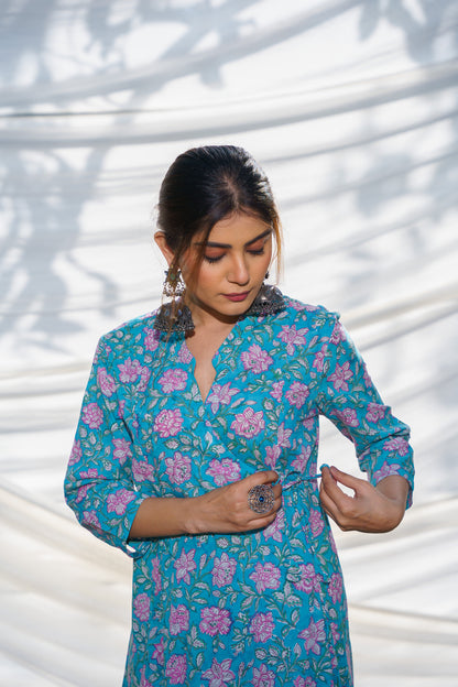 Cyan Anarkali Cotton Block Print Wrap Dress
