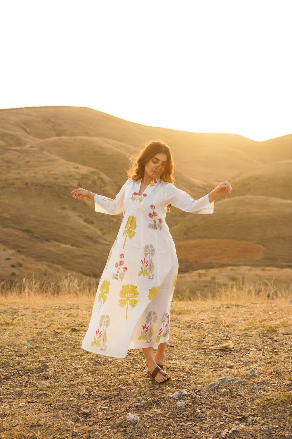 Firdous Palm Cotton Block Print Long Dress