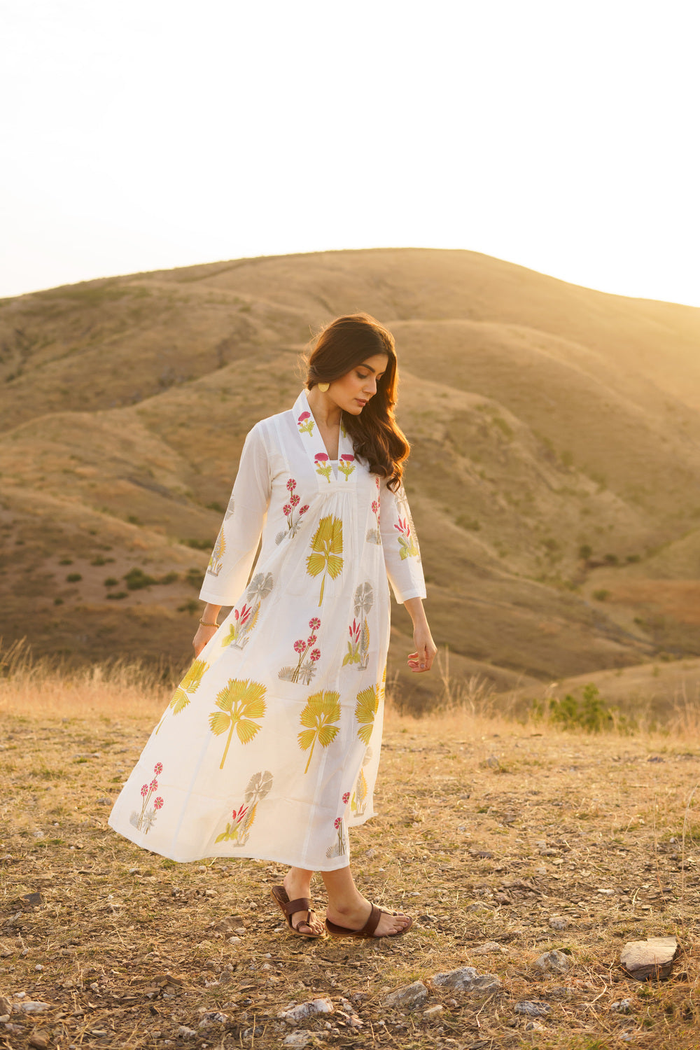 Firdous Palm Cotton Block Print Long Dress