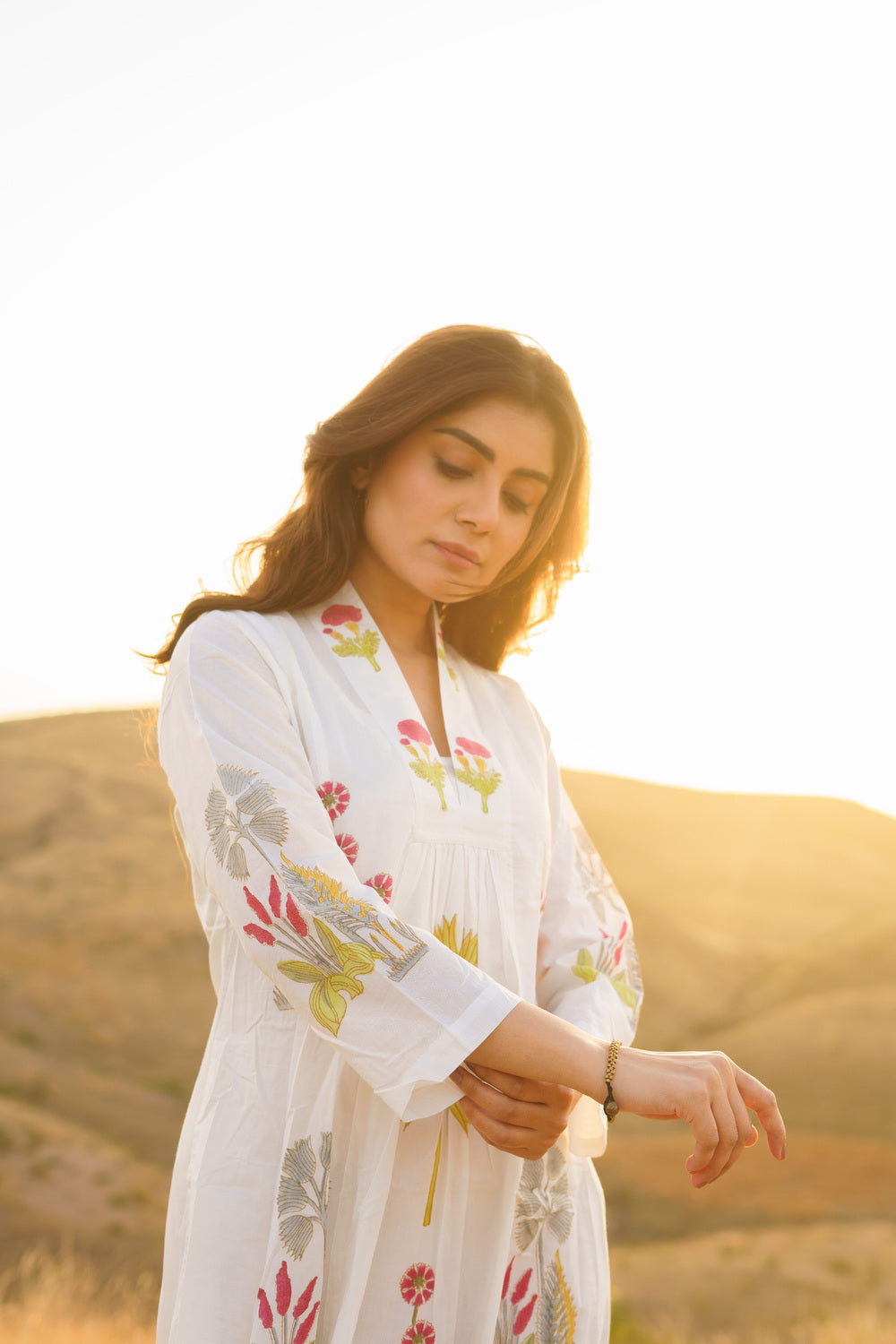 Firdous Palm Cotton Block Print Long Dress