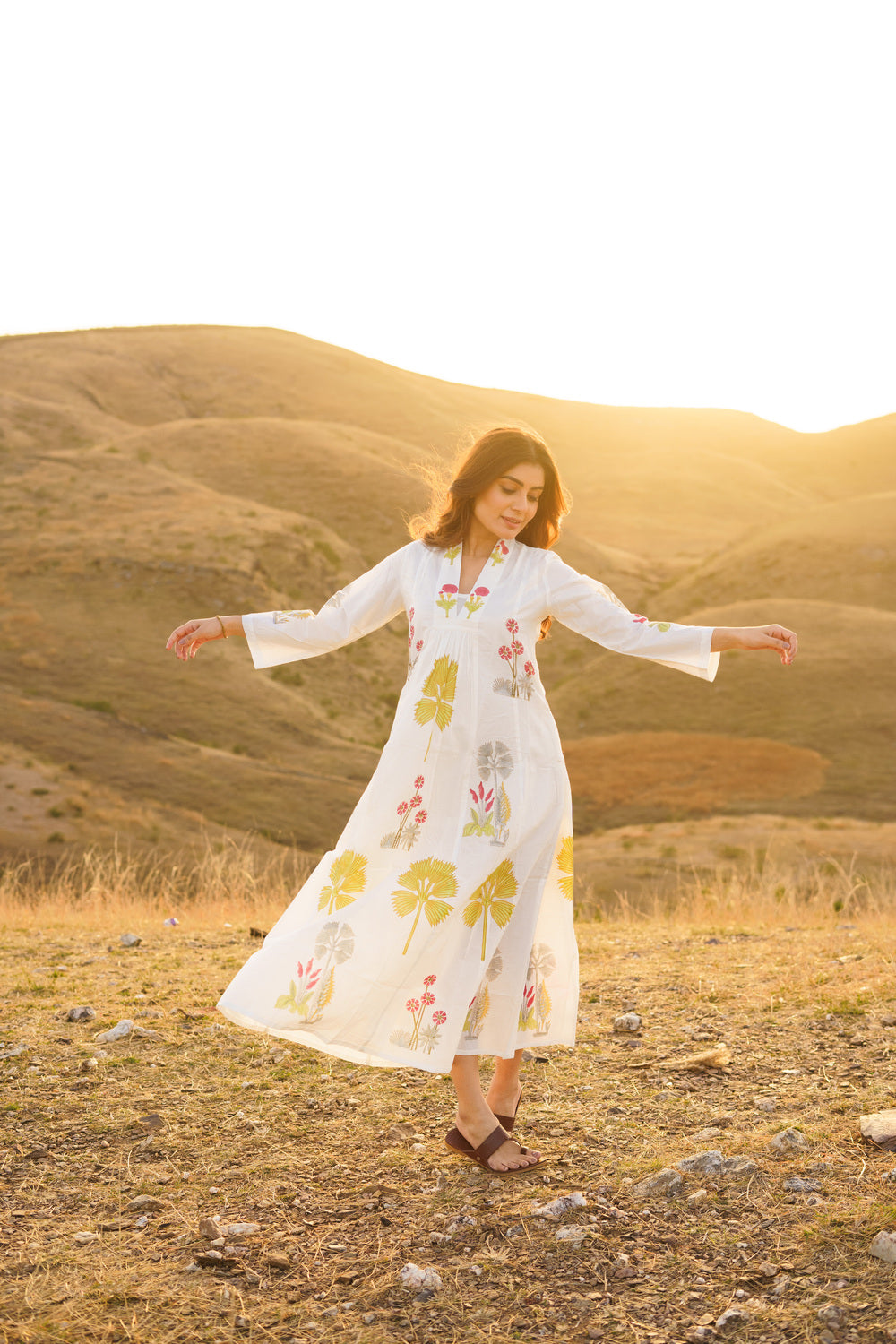 Firdous Palm Cotton Block Print Long Dress