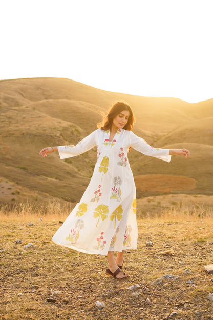 Firdous Palm Cotton Block Print Long Dress