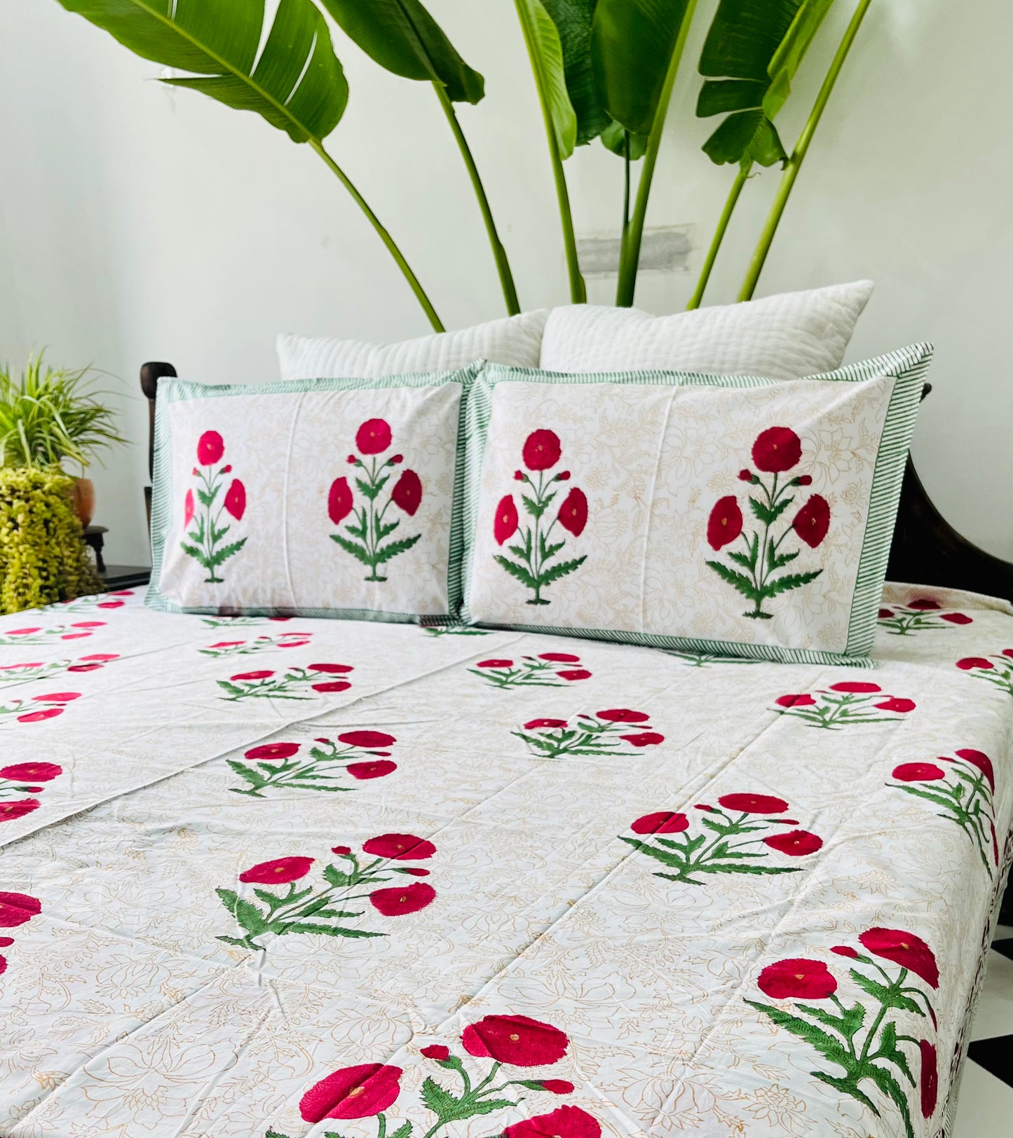 Red Poppy  Hand Block Printed Cotton Bedsheet