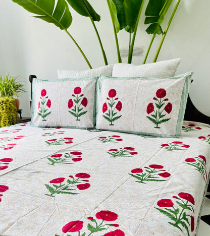 Red Poppy  Hand Block Printed Cotton Bedsheet