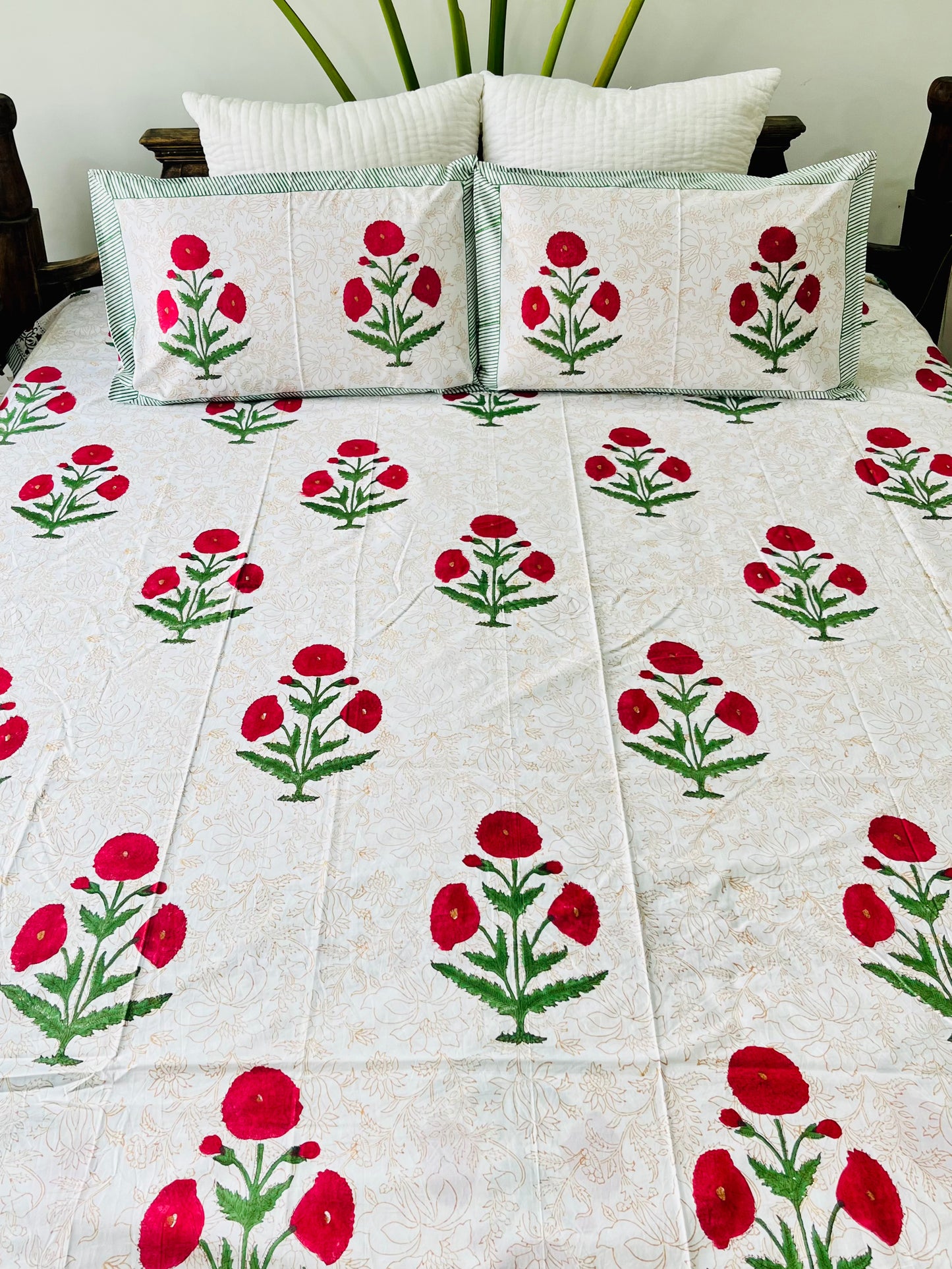 Red Poppy  Hand Block Printed Cotton Bedsheet
