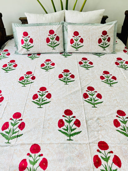 Red Poppy  Hand Block Printed Cotton Bedsheet