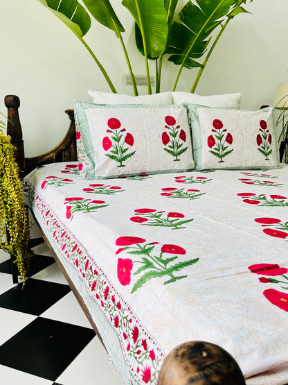 Red Poppy  Hand Block Printed Cotton Bedsheet