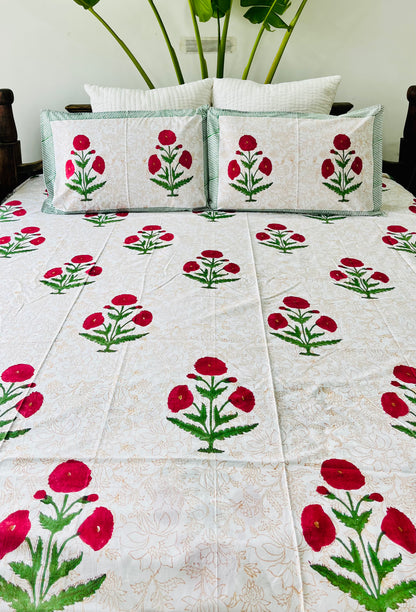 Red Poppy  Hand Block Printed Cotton Bedsheet