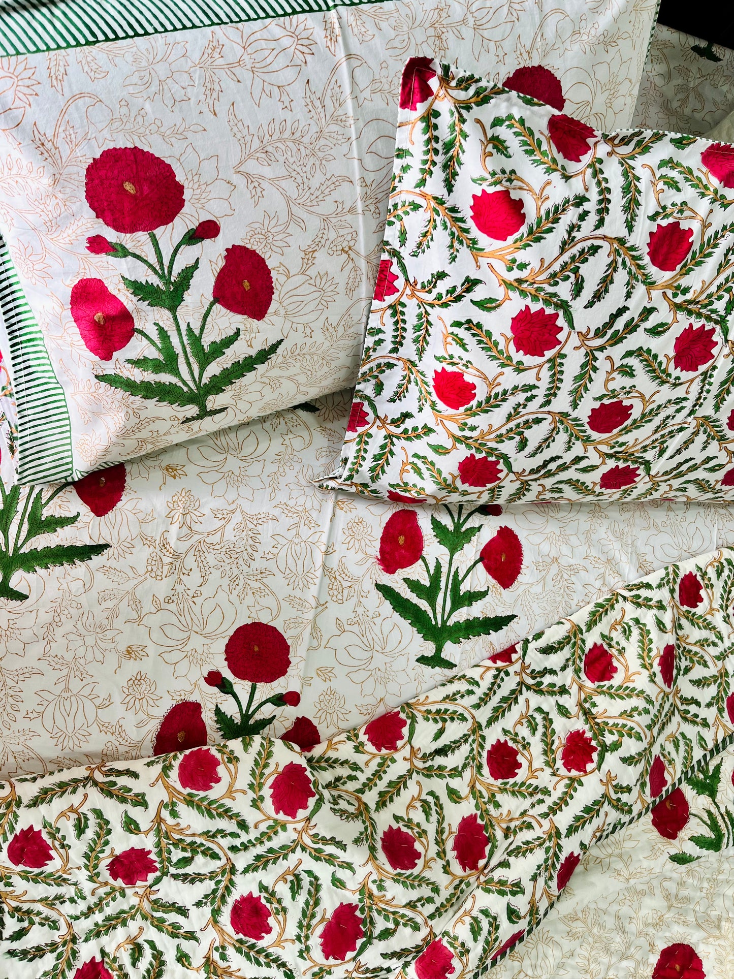 Red Poppy  Hand Block Printed Cotton Bedsheet
