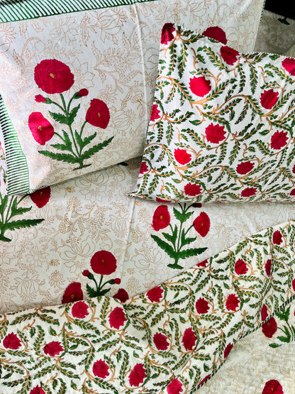 Red Poppy  Hand Block Printed Cotton Bedsheet