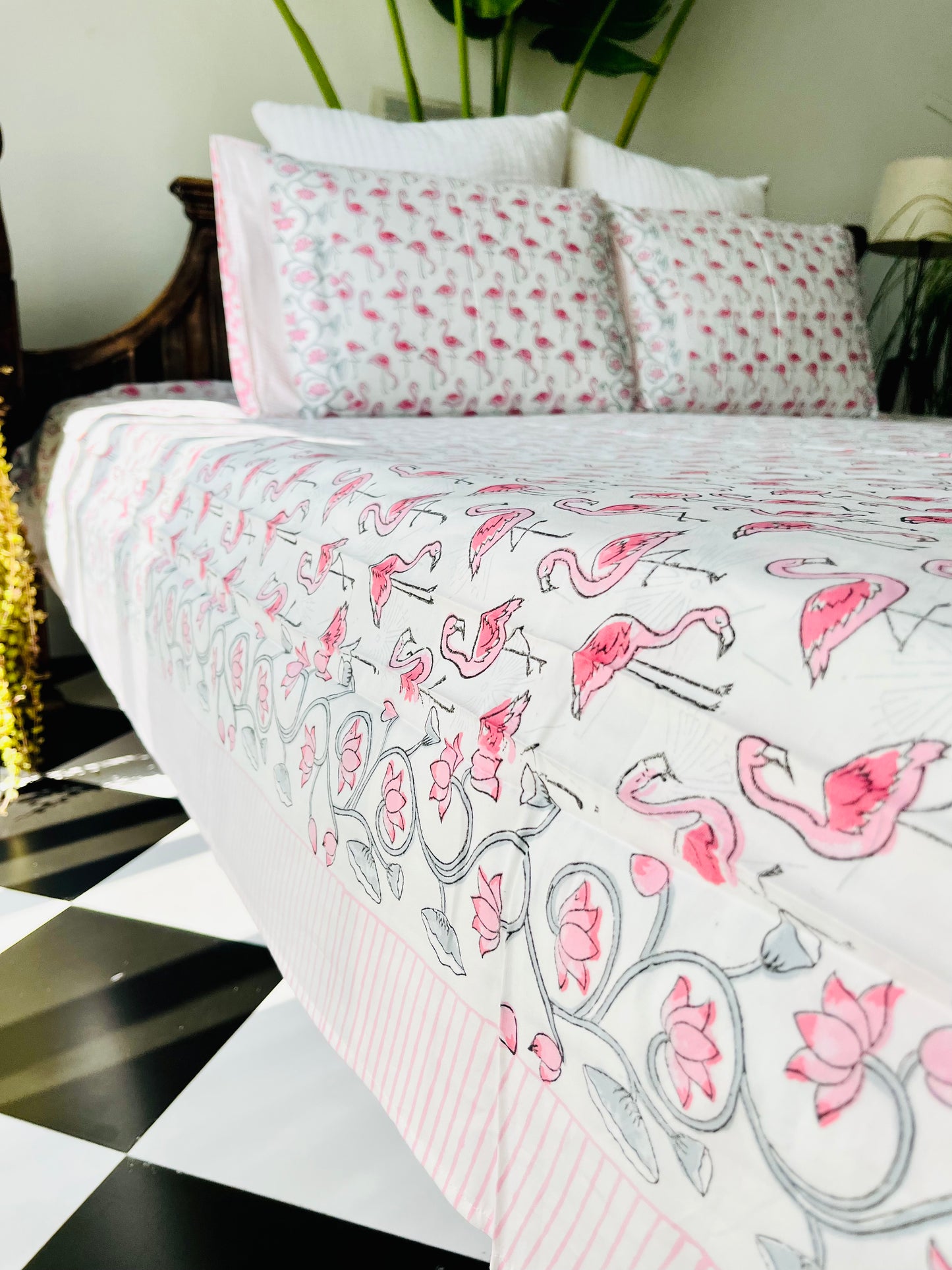 Flamingo Hand Block Printed Cotton Bedsheet