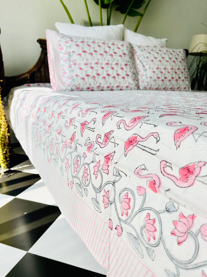Flamingo Hand Block Printed Cotton Bedsheet