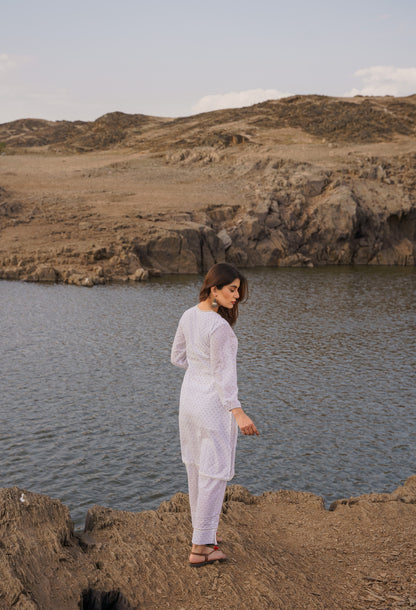 Noor Offwhite Blue Swiss Dot Cotton Co-ord Set