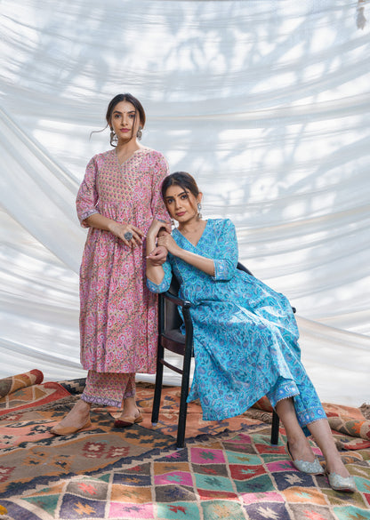 Nazakat Turquoise Cotton Block Print Kurta Set
