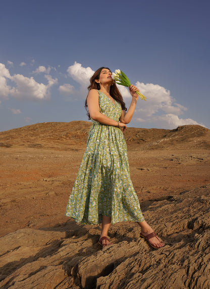 Daisy Yellow Cotton Block Print Tiered Maxi Dress
