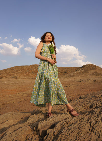 Daisy Yellow Cotton Block Print Tiered Maxi Dress