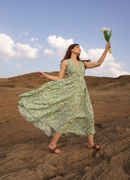 Daisy Yellow Cotton Block Print Tiered Maxi Dress