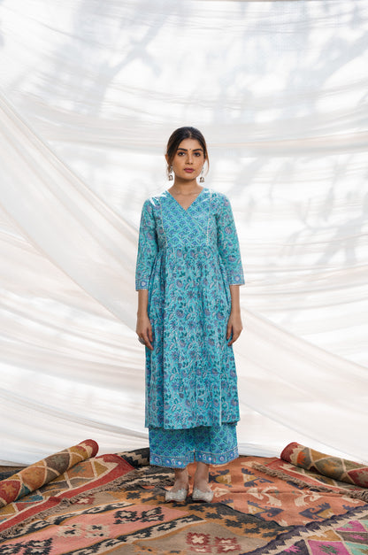 Nazakat Turquoise Cotton Block Print Kurta Set