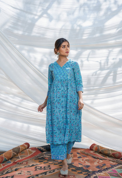 Nazakat Turquoise Cotton Block Print Kurta Set