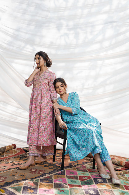 Nazakat Turquoise Cotton Block Print Kurta Set